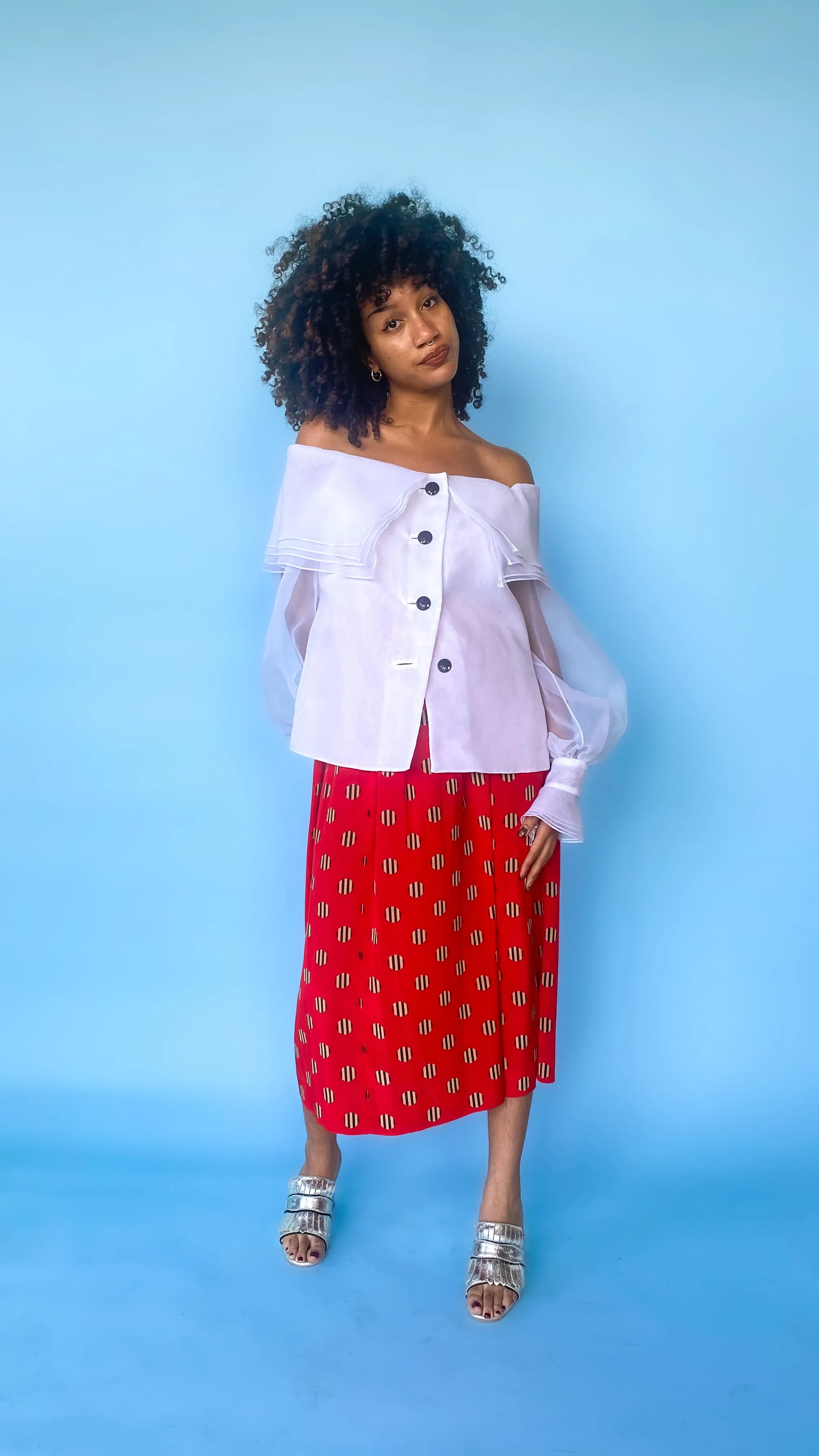1980s Travilla White Collared Sheer Sleeve Top, sz. L