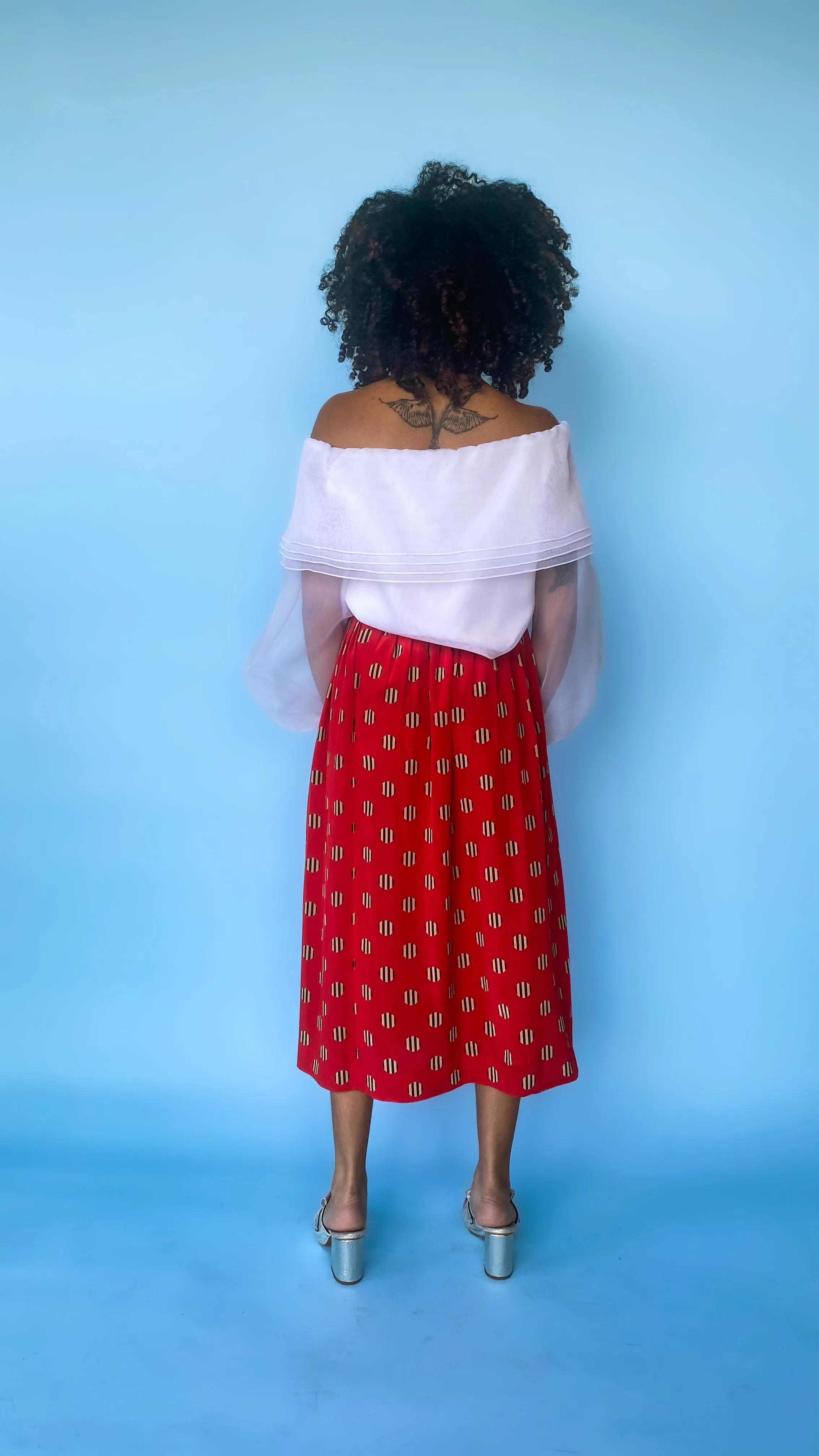 1980s Travilla White Collared Sheer Sleeve Top, sz. L
