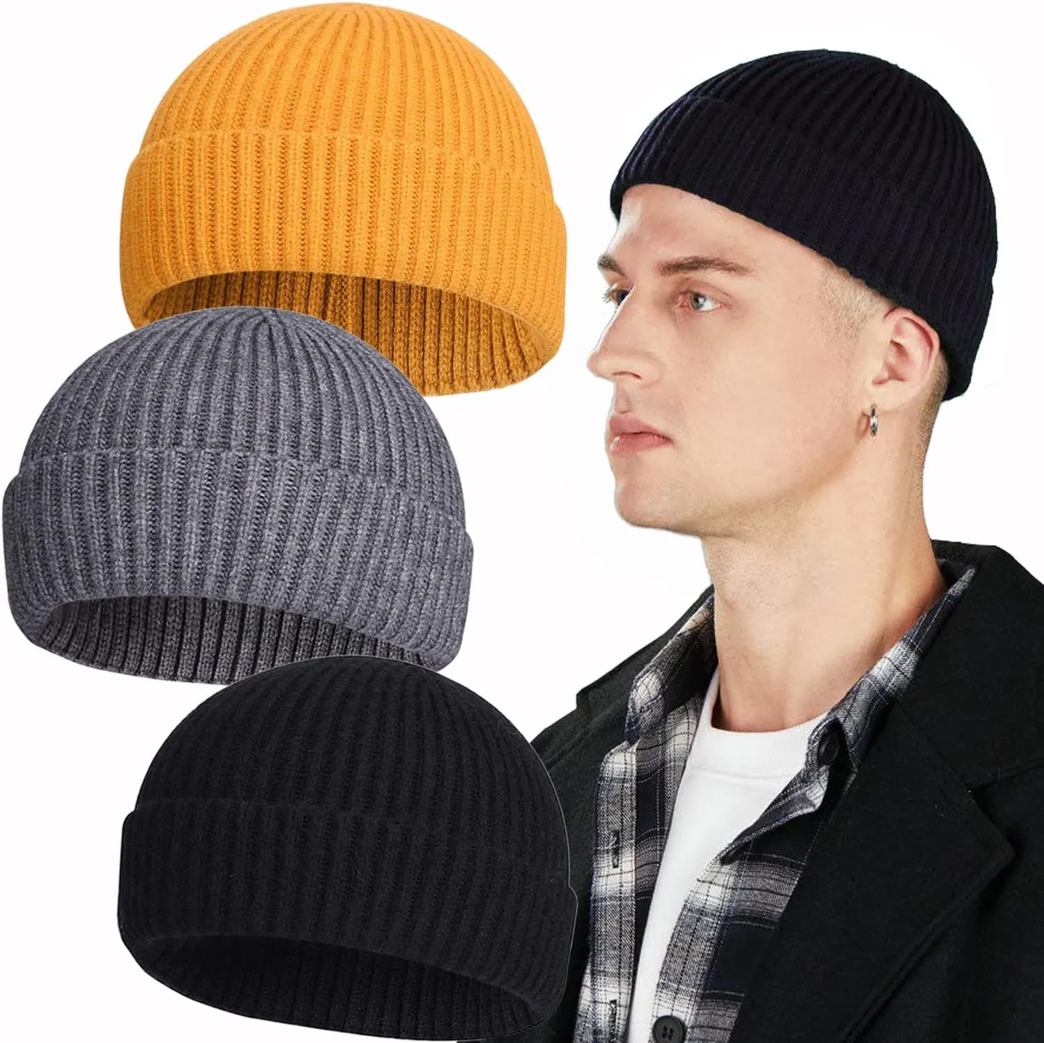 3PCS Short Fisherman Beanie Hat for Men Women, Wool Knit Cuff Winter Warm Hats