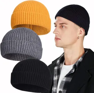 3PCS Short Fisherman Beanie Hat for Men Women, Wool Knit Cuff Winter Warm Hats