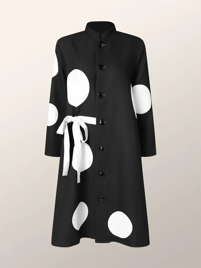 Amozae-Fashion Fall Clothes 2024 Women Jacket Long Sleeves Loose Asymmetric Buttoned Polka-Dot Tied Mock Neck Midi Dresses Outerwear