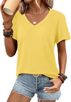 ATHMILE Womens V Neck Short Sleeve Summer T Shirts Curved Hem Plain Top Beach