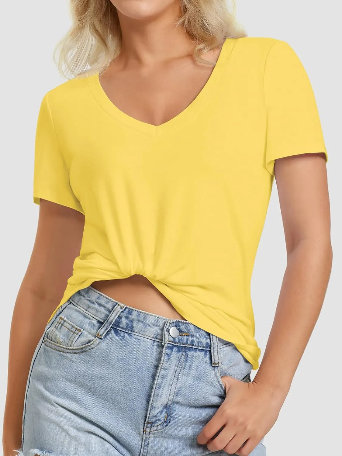 ATHMILE Womens V Neck Short Sleeve Summer T Shirts Curved Hem Plain Top Beach