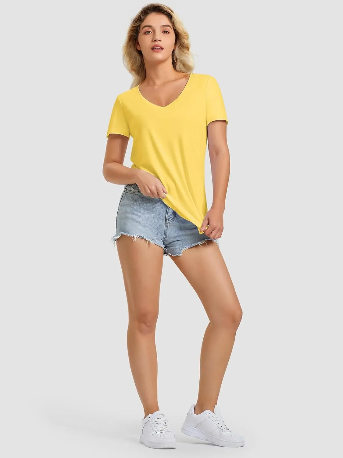 ATHMILE Womens V Neck Short Sleeve Summer T Shirts Curved Hem Plain Top Beach