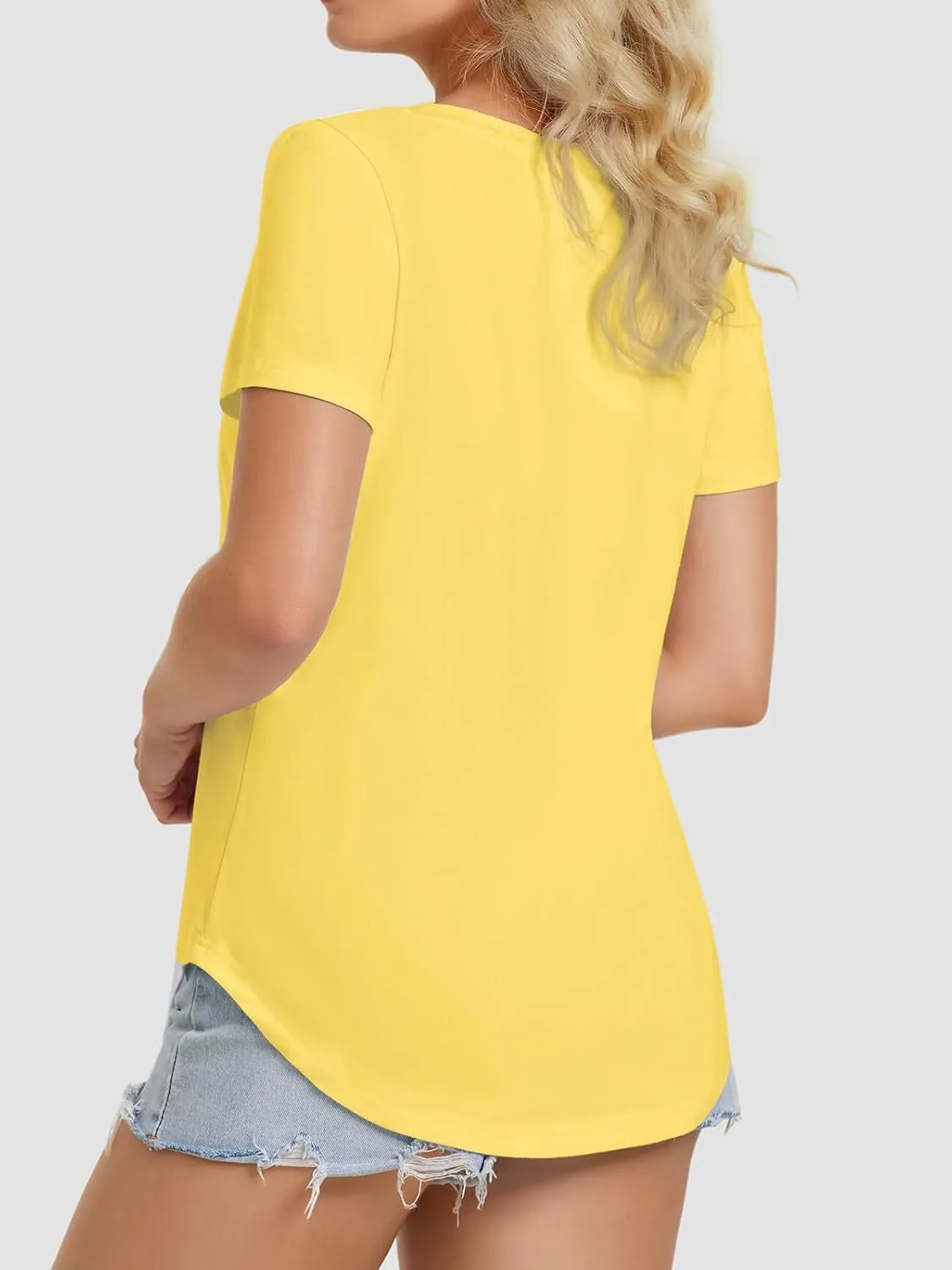 ATHMILE Womens V Neck Short Sleeve Summer T Shirts Curved Hem Plain Top Beach