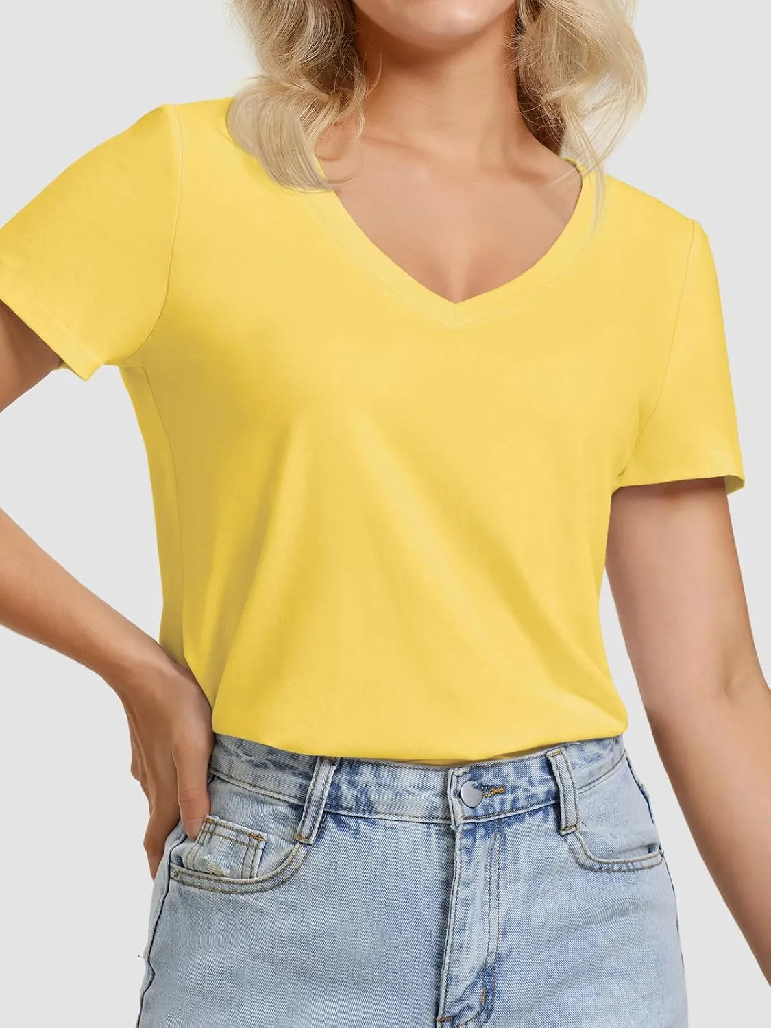 ATHMILE Womens V Neck Short Sleeve Summer T Shirts Curved Hem Plain Top Beach