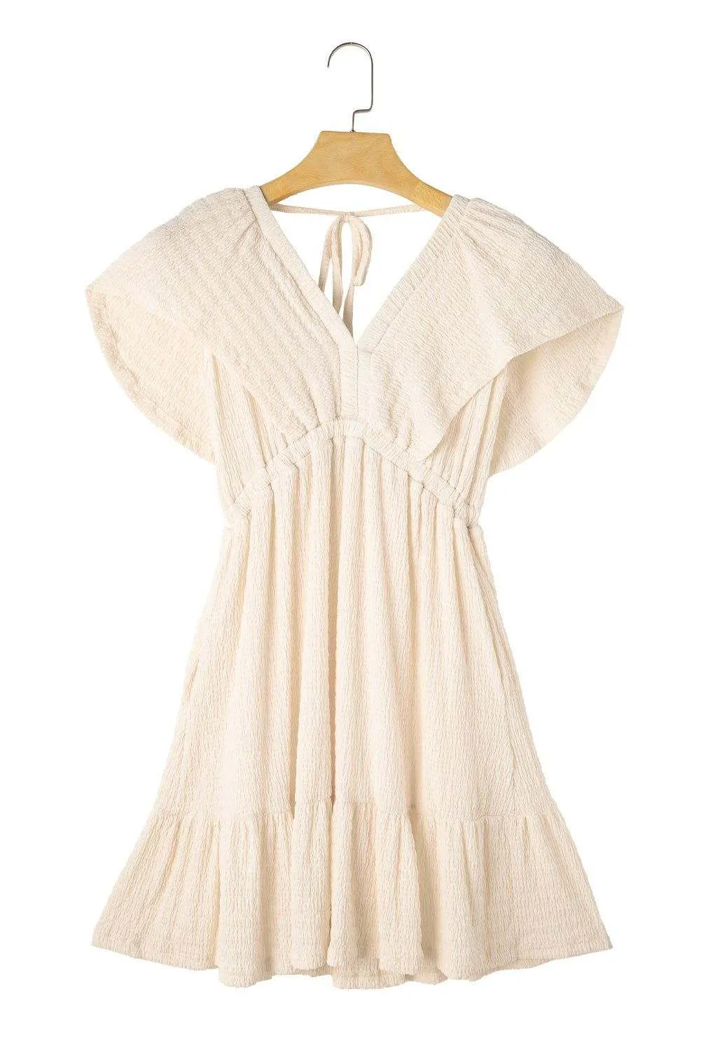 Beige Textured Deep V Neck Cutout Back Mini Dress - Stylish Look