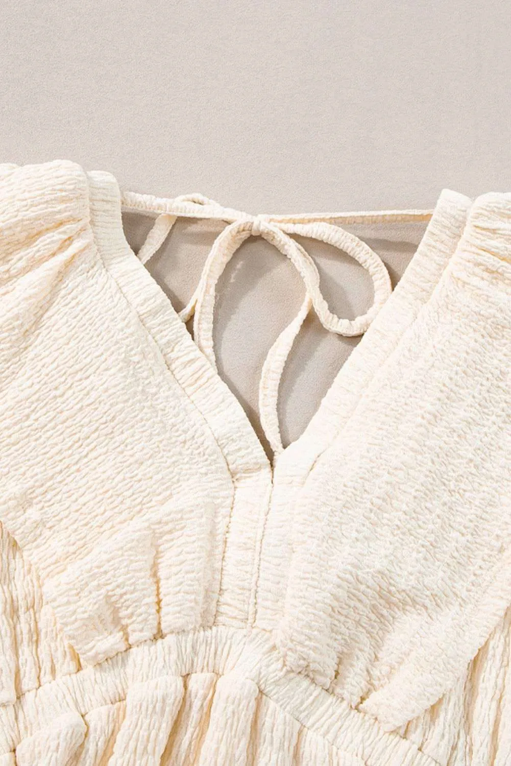 Beige Textured Deep V Neck Cutout Back Mini Dress - Stylish Look