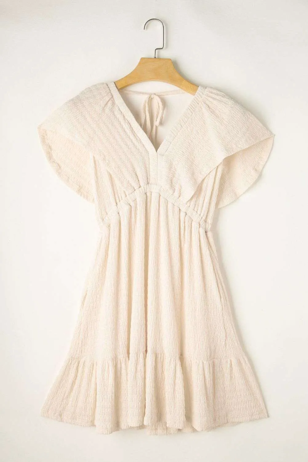 Beige Textured Deep V Neck Cutout Back Mini Dress - Stylish Look