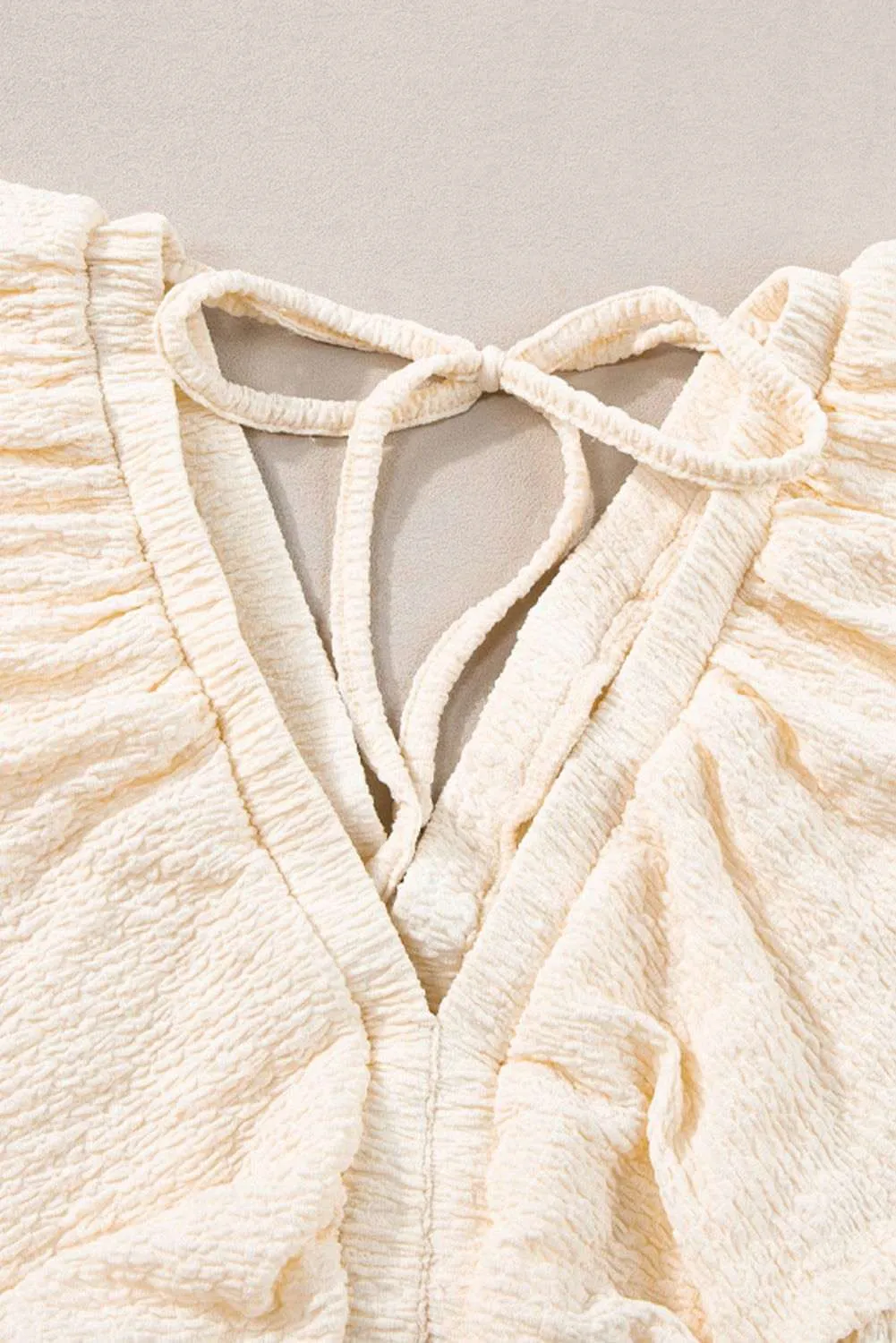 Beige Textured Deep V Neck Cutout Back Mini Dress - Stylish Look