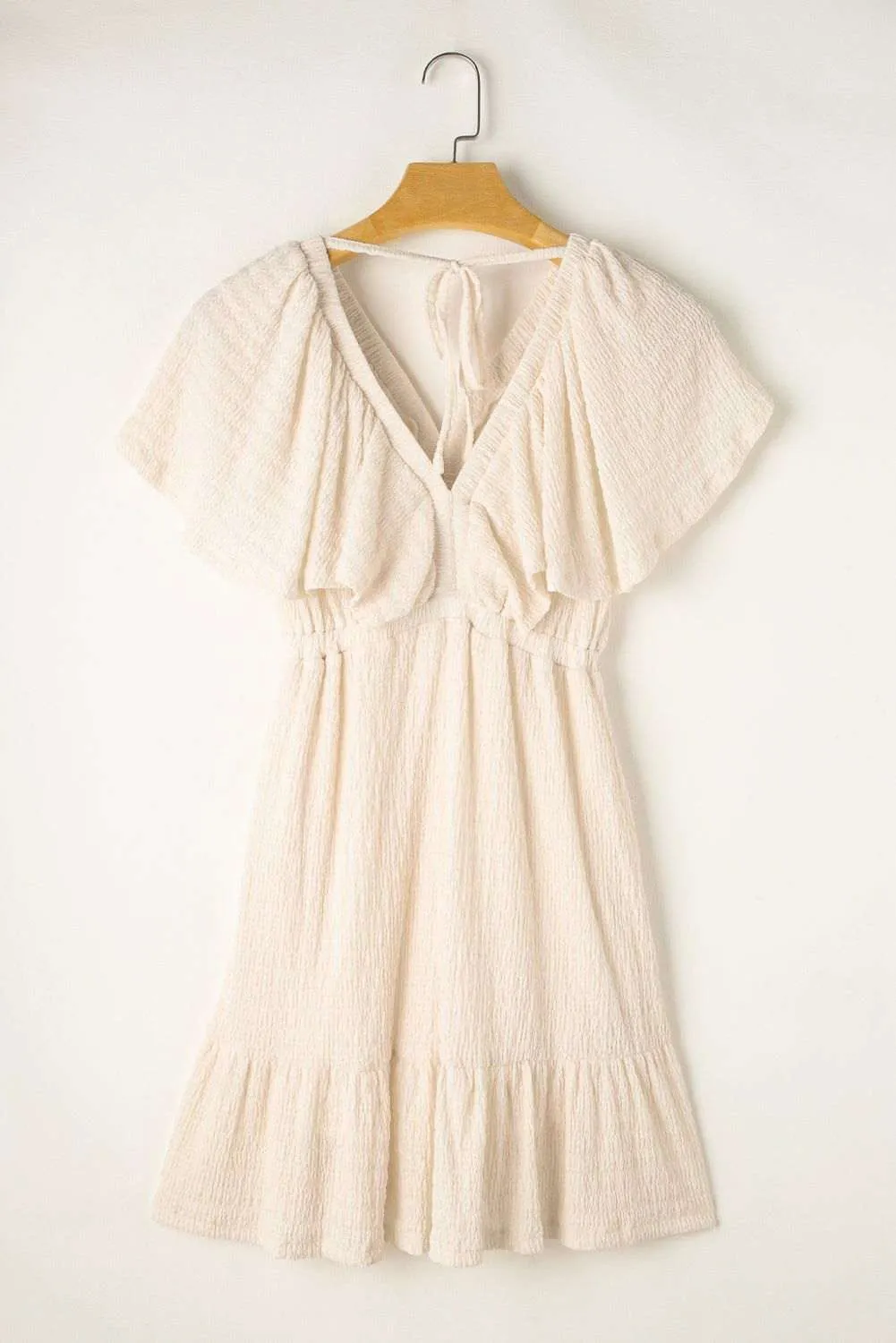 Beige Textured Deep V Neck Cutout Back Mini Dress - Stylish Look
