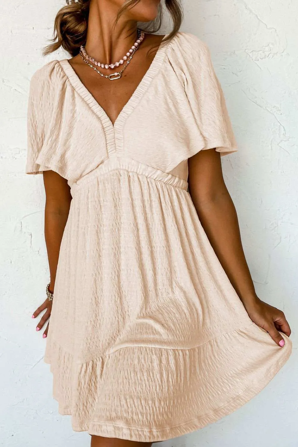 Beige Textured Deep V Neck Cutout Back Mini Dress - Stylish Look