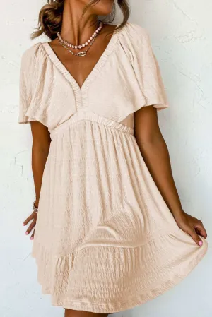 Beige Textured Deep V Neck Cutout Back Mini Dress - Stylish Look