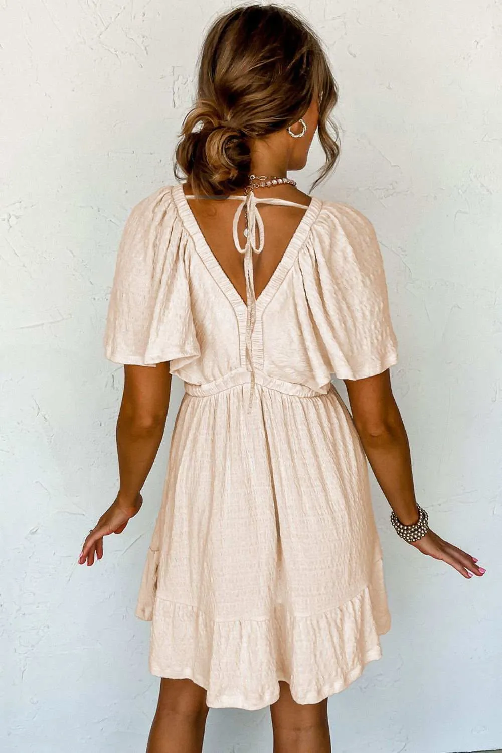 Beige Textured Deep V Neck Cutout Back Mini Dress - Stylish Look