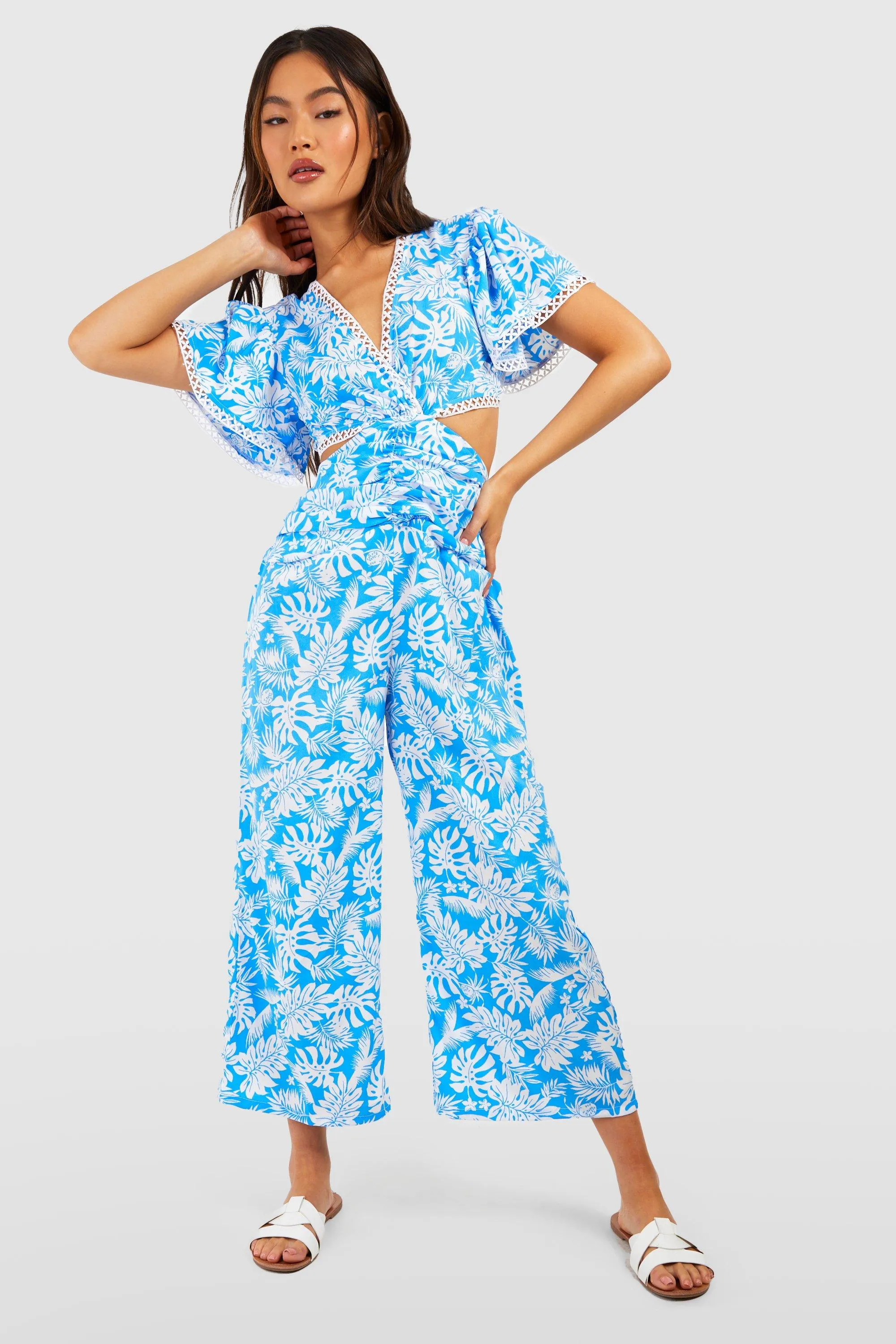 Boohoo Palm Print Cutout Jumpsuit, Blue