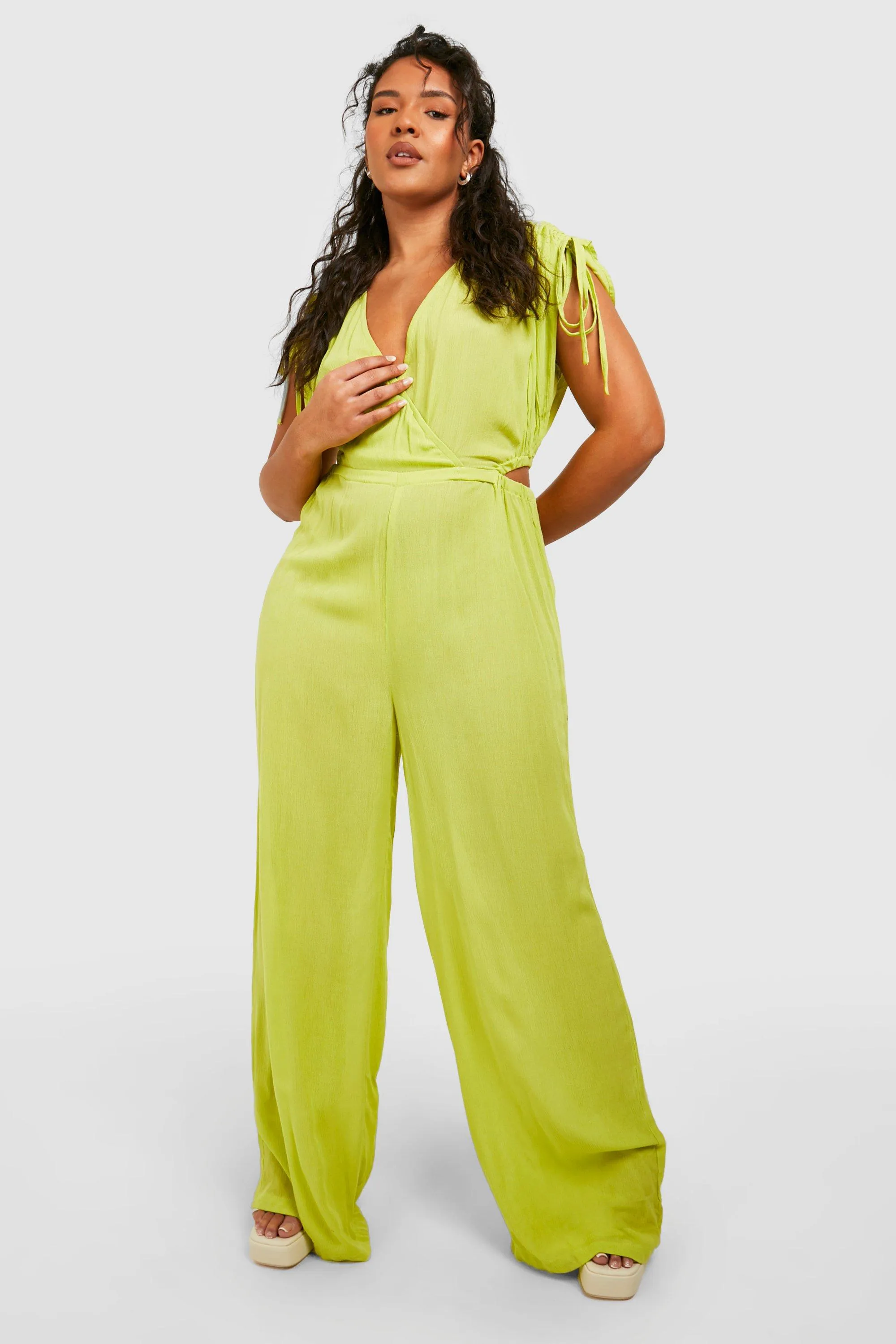 Boohoo Wide Leg Puffed Sleeve Jumpsuit, Chartreuse
