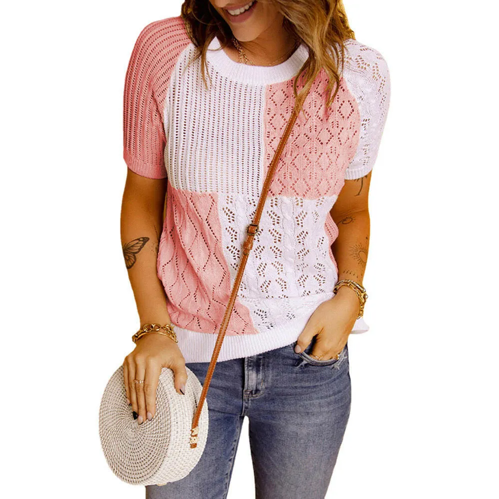 Color-Blocked Knitted Short-Sleeve T-shirt Top