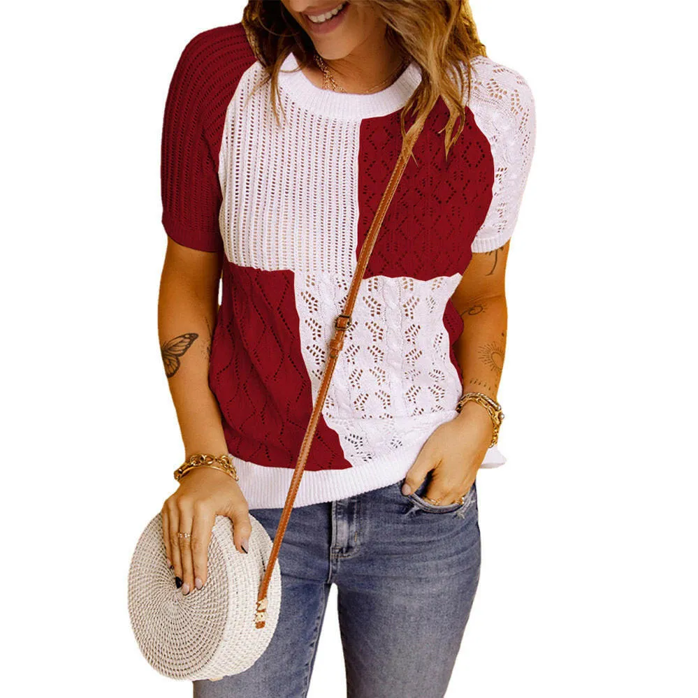 Color-Blocked Knitted Short-Sleeve T-shirt Top