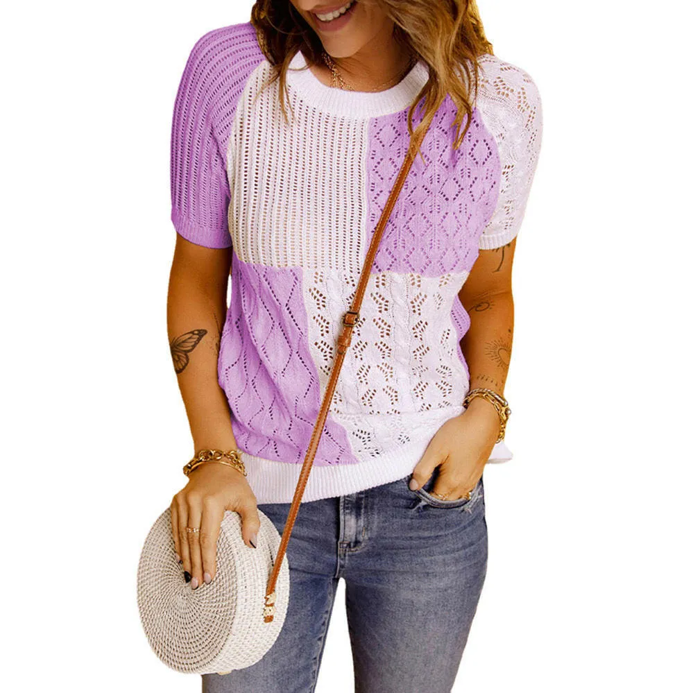 Color-Blocked Knitted Short-Sleeve T-shirt Top