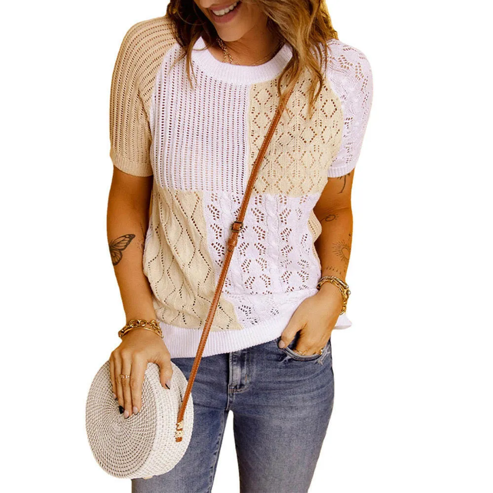 Color-Blocked Knitted Short-Sleeve T-shirt Top