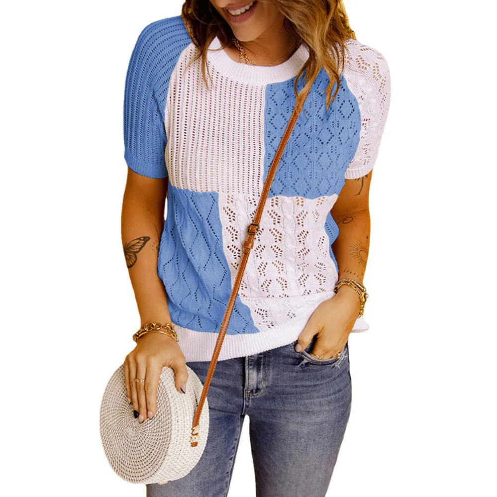 Color-Blocked Knitted Short-Sleeve T-shirt Top