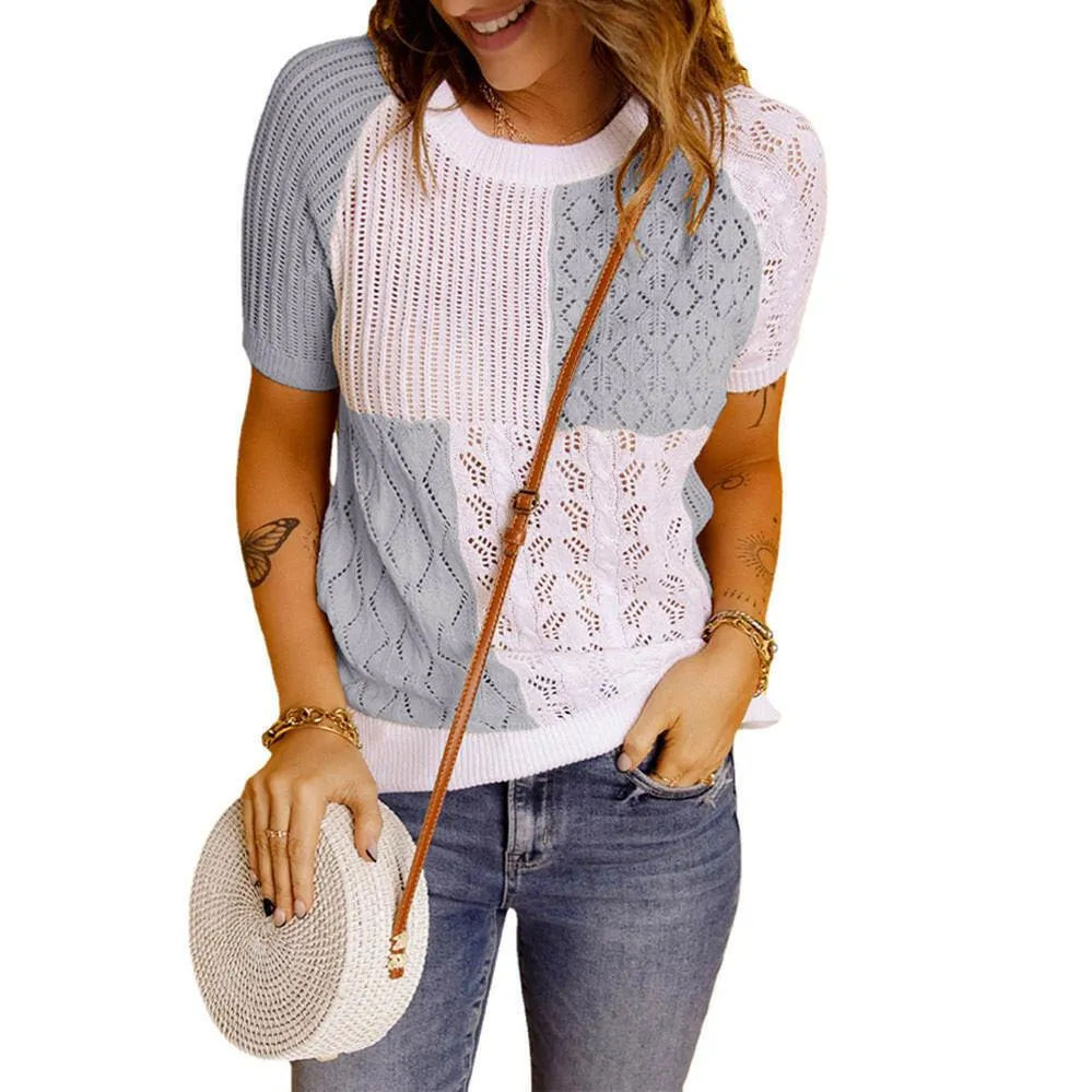 Color-Blocked Knitted Short-Sleeve T-shirt Top