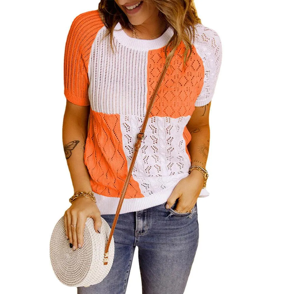 Color-Blocked Knitted Short-Sleeve T-shirt Top