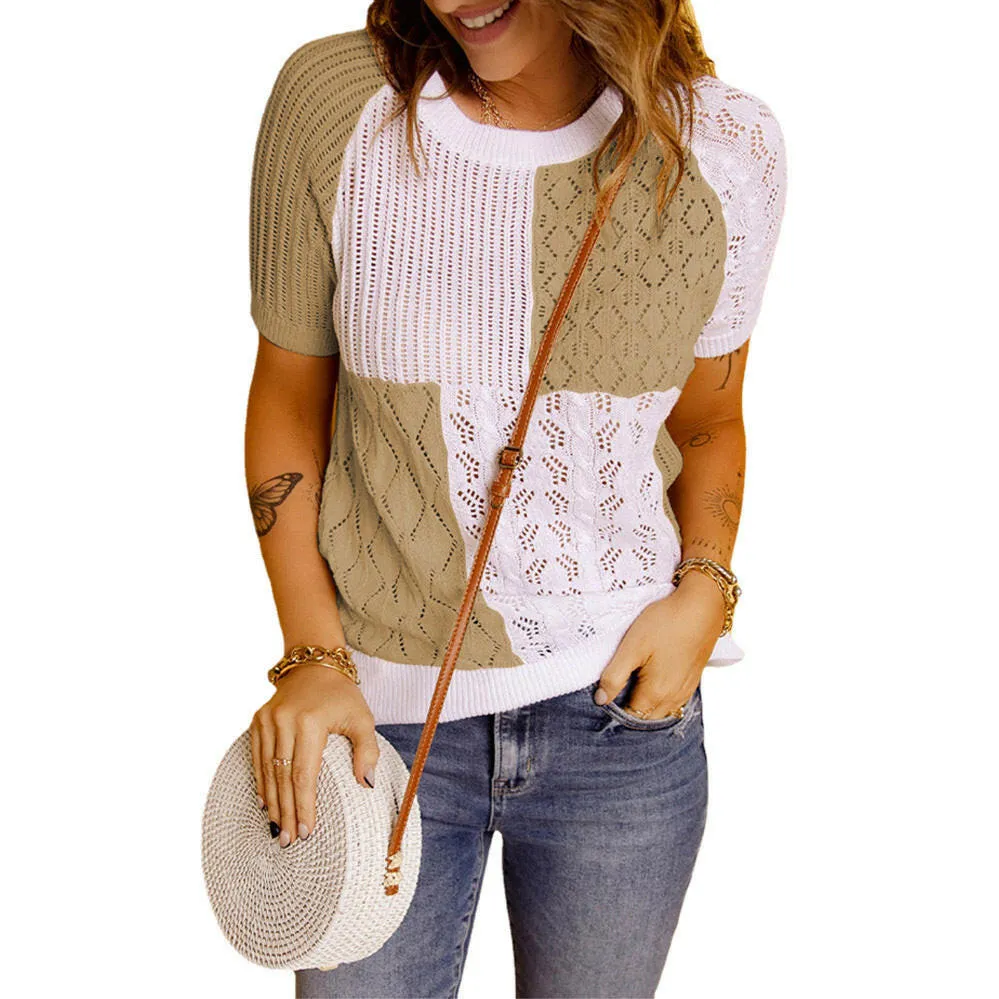 Color-Blocked Knitted Short-Sleeve T-shirt Top