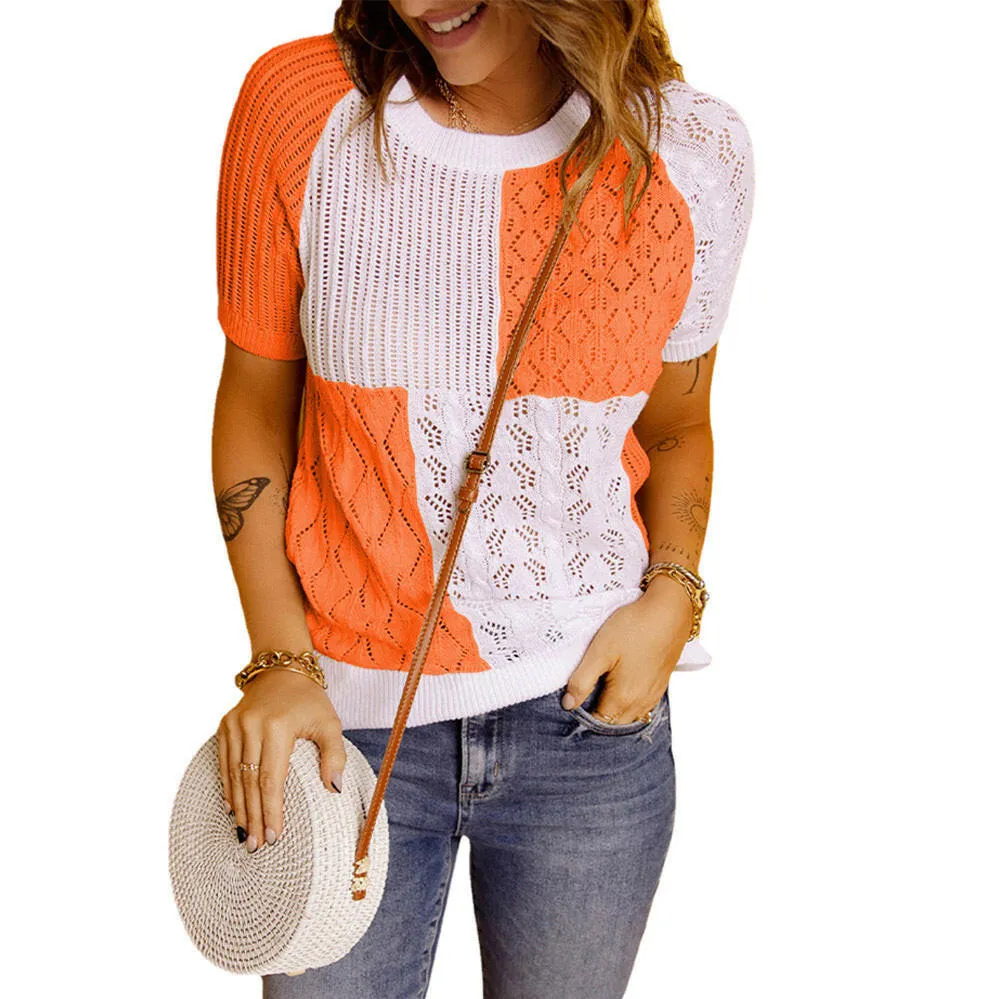 Color-Blocked Knitted Short-Sleeve T-shirt Top