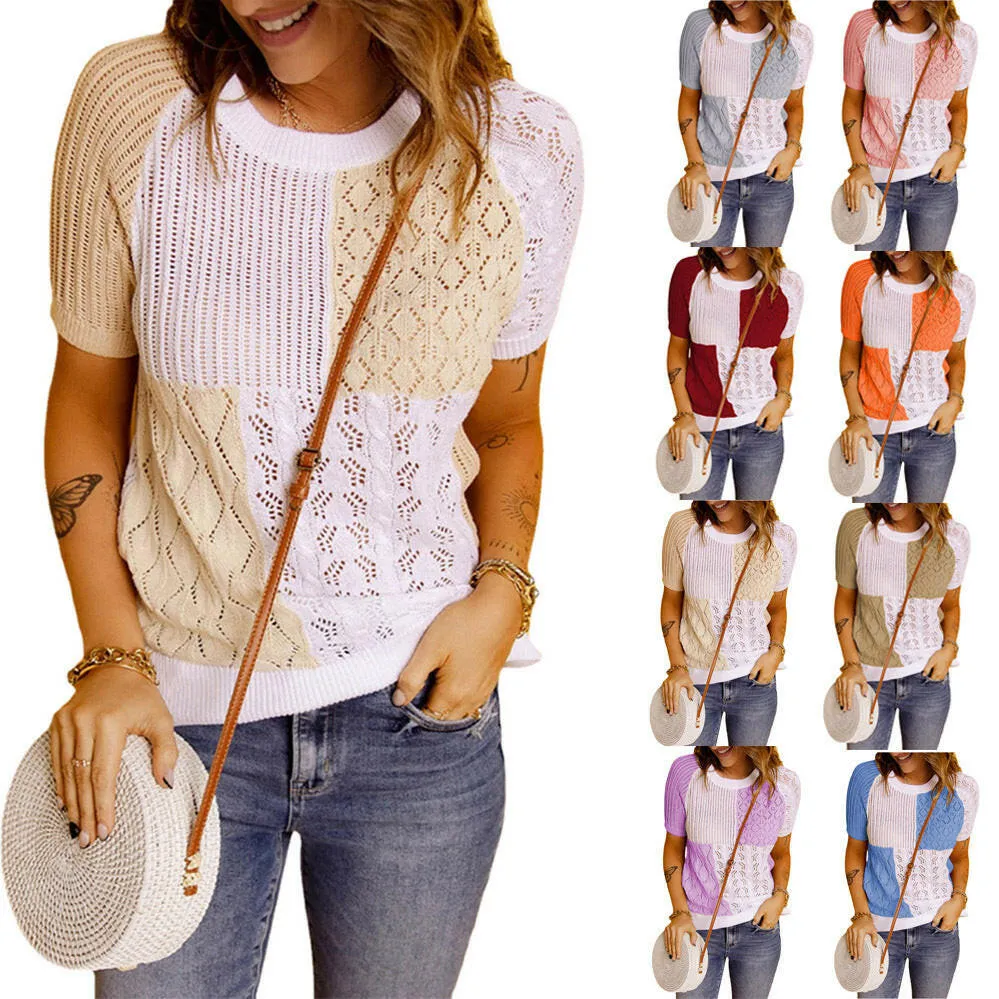 Color-Blocked Knitted Short-Sleeve T-shirt Top