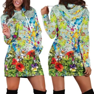 Colorful Flower Hoodie Dress | Longline Hoodie Sweatshirt 2XL Green