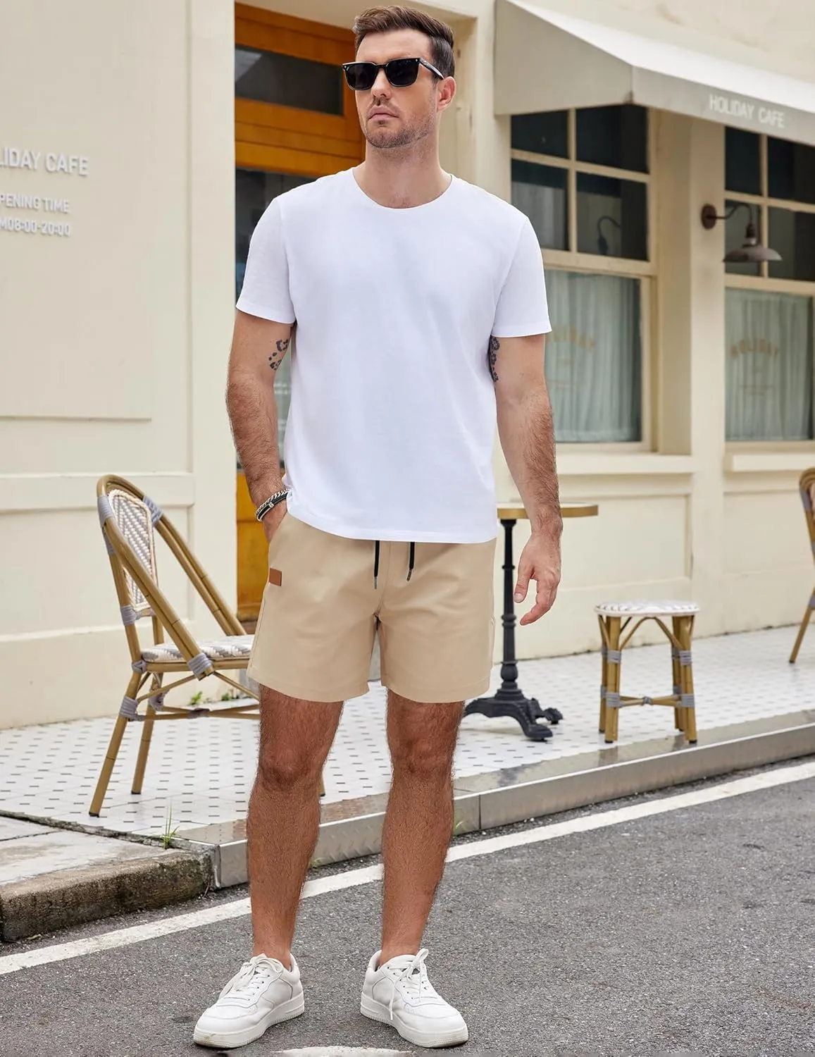 COOFANDY Men's Casual Cotton Shorts 5 Inch Summer Beach Shorts Lightweight Drawstring Elastic Waist Chino Golf Shorts