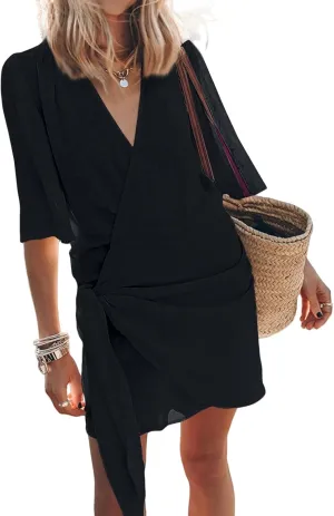 Cotton and Linen V-Neck Midi Dress Short Sleeve Wrap Tie Mini Casual Elegant Beach Work Vacation Kimonos Dresses