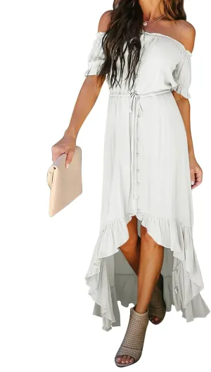 Dokotoo Womens 2025 Off The Shoulder Casual Short Sleeve Maxi Dress High Low Solid Cocktail Skater Dresses