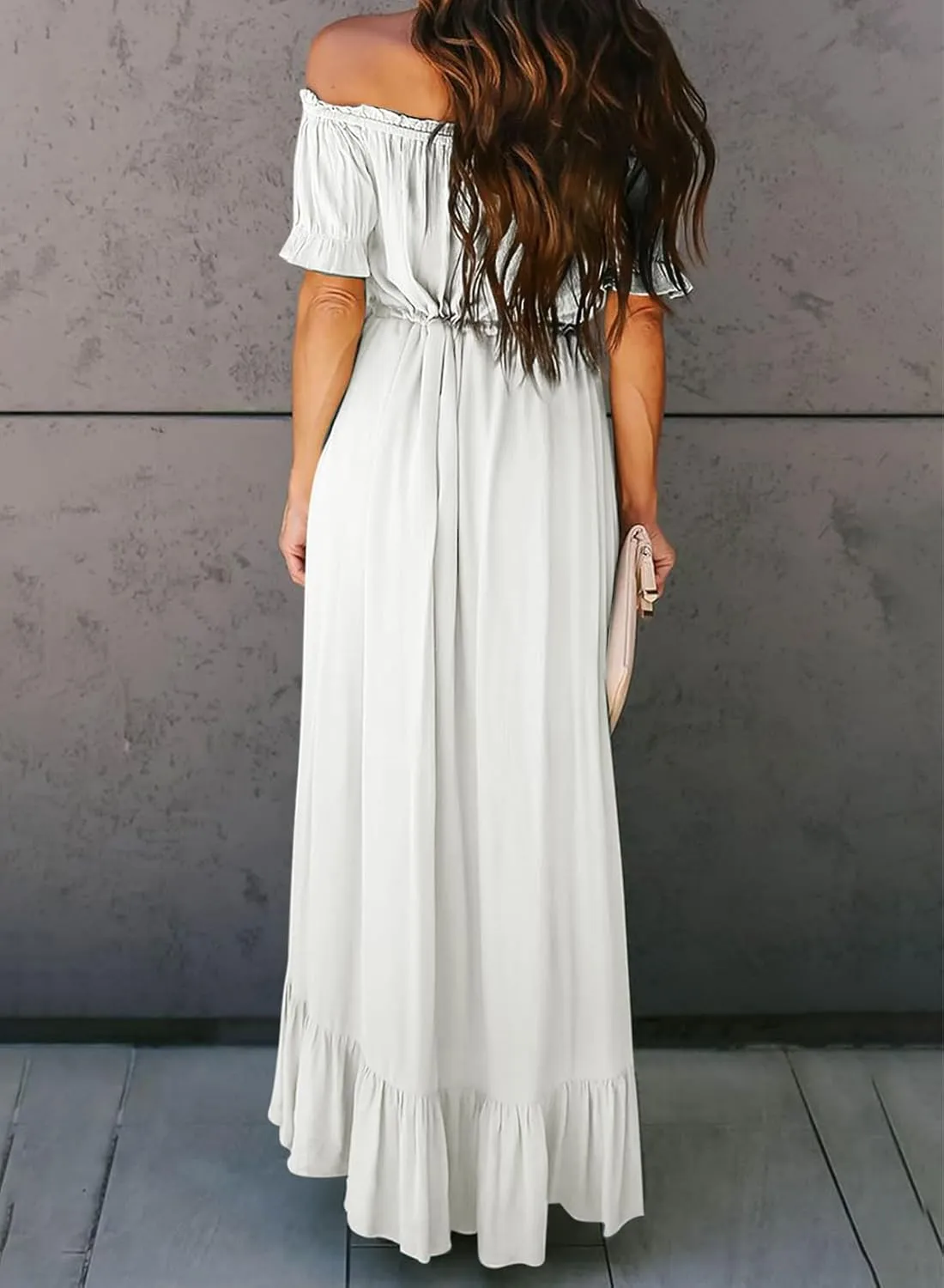 Dokotoo Womens 2025 Off The Shoulder Casual Short Sleeve Maxi Dress High Low Solid Cocktail Skater Dresses