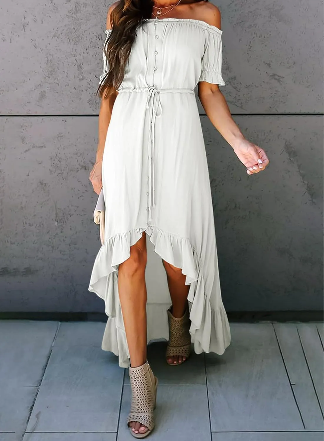 Dokotoo Womens 2025 Off The Shoulder Casual Short Sleeve Maxi Dress High Low Solid Cocktail Skater Dresses