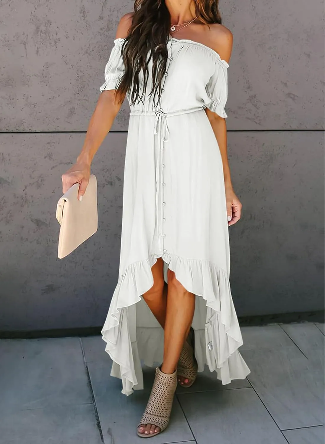 Dokotoo Womens 2025 Off The Shoulder Casual Short Sleeve Maxi Dress High Low Solid Cocktail Skater Dresses