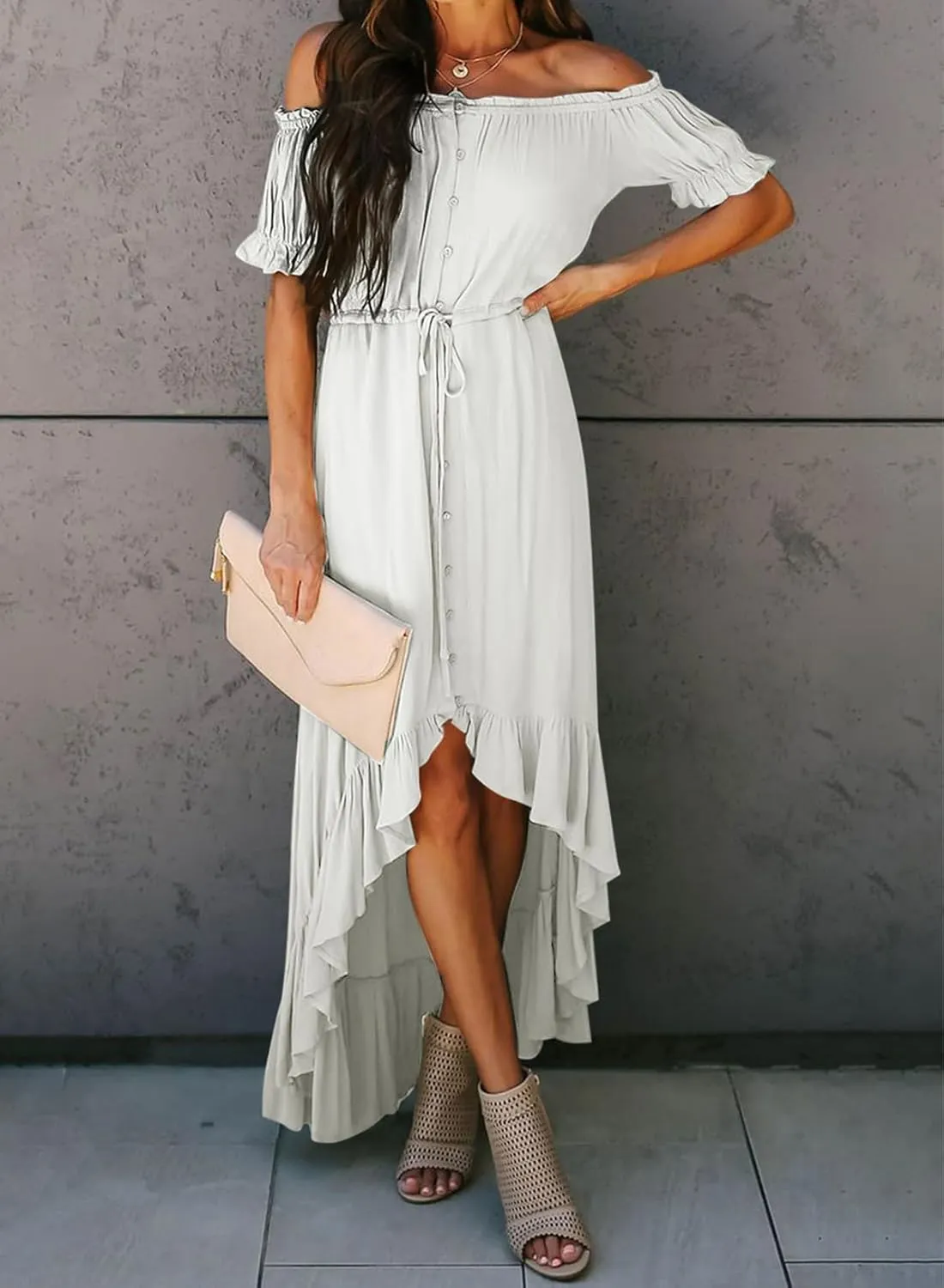 Dokotoo Womens 2025 Off The Shoulder Casual Short Sleeve Maxi Dress High Low Solid Cocktail Skater Dresses