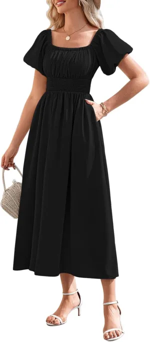 Duigluw Women's Casual Summer Midi Dresses 2025 Puffy Short Sleeve U Neck Boho Floral Flowy Maxi Dress