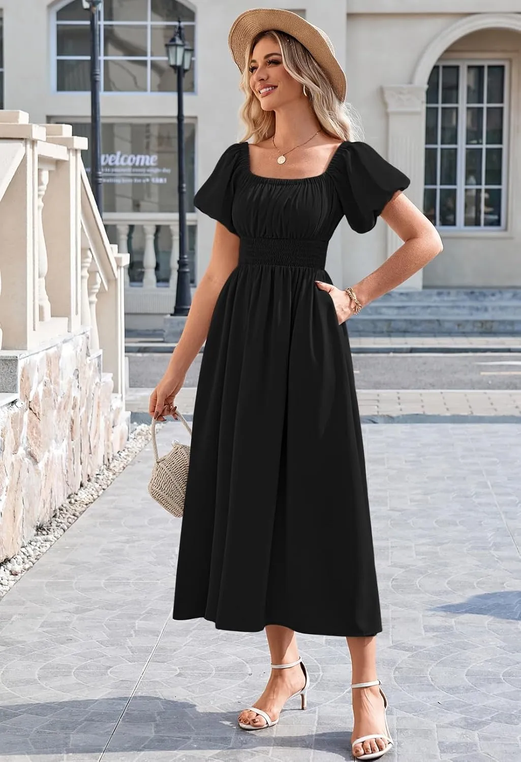 Duigluw Women's Casual Summer Midi Dresses 2025 Puffy Short Sleeve U Neck Boho Floral Flowy Maxi Dress