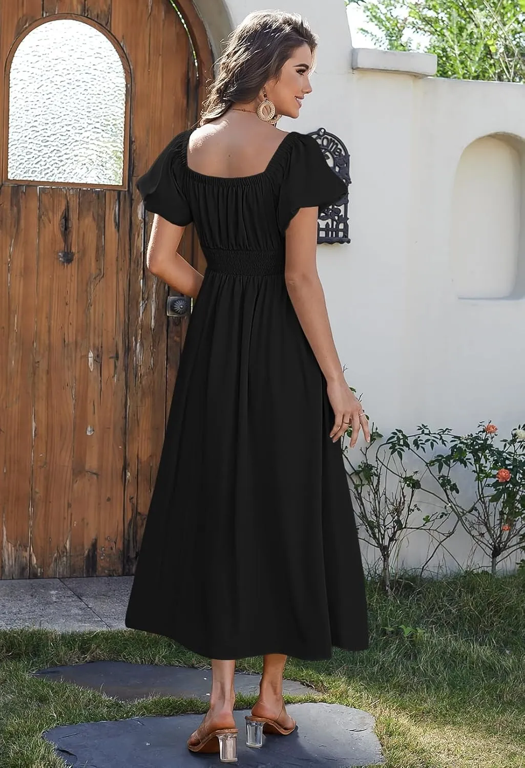Duigluw Women's Casual Summer Midi Dresses 2025 Puffy Short Sleeve U Neck Boho Floral Flowy Maxi Dress