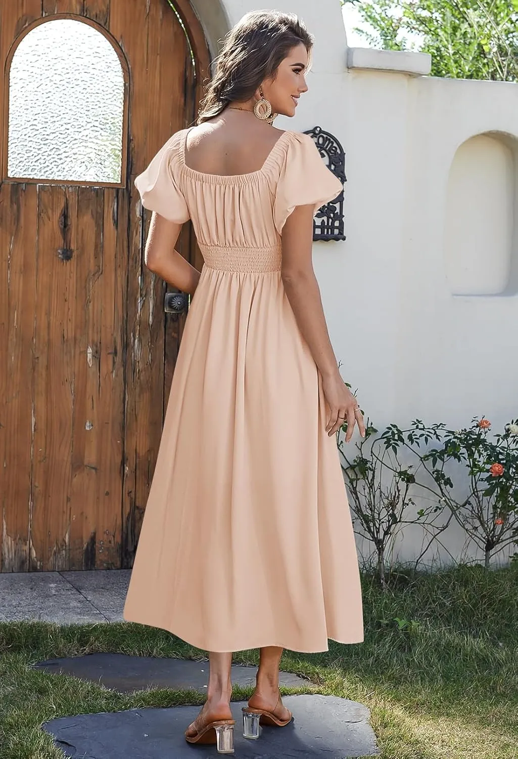 Duigluw Women's Casual Summer Midi Dresses 2025 Puffy Short Sleeve U Neck Boho Floral Flowy Maxi Dress