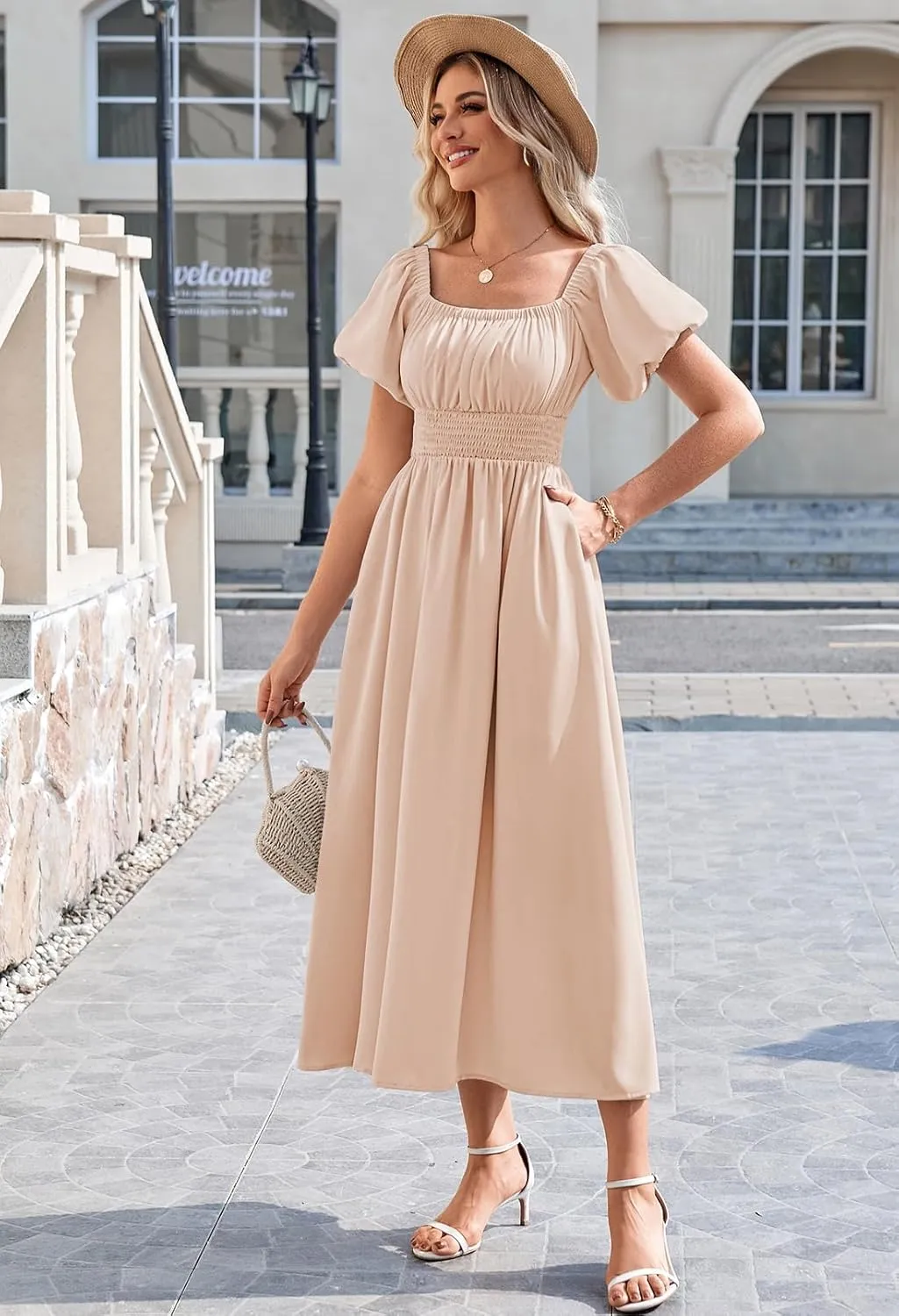 Duigluw Women's Casual Summer Midi Dresses 2025 Puffy Short Sleeve U Neck Boho Floral Flowy Maxi Dress