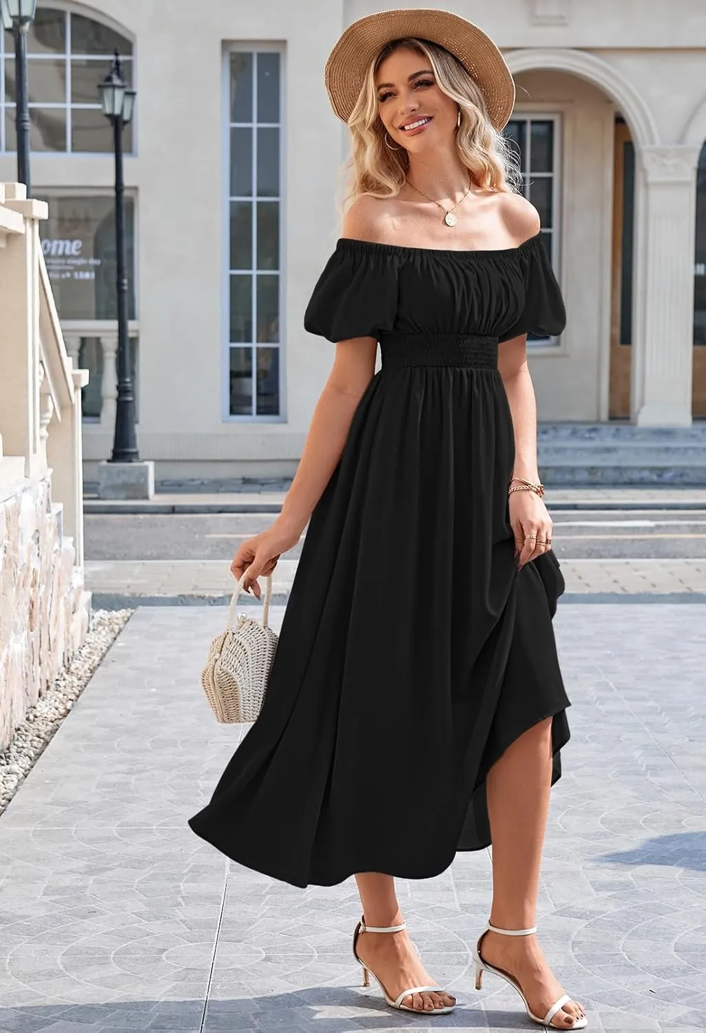Duigluw Women's Casual Summer Midi Dresses 2025 Puffy Short Sleeve U Neck Boho Floral Flowy Maxi Dress