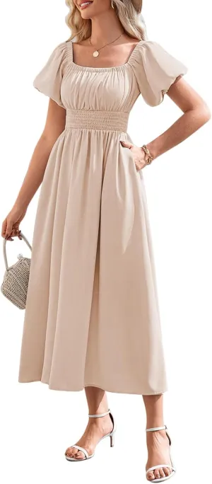 Duigluw Women's Casual Summer Midi Dresses 2025 Puffy Short Sleeve U Neck Boho Floral Flowy Maxi Dress
