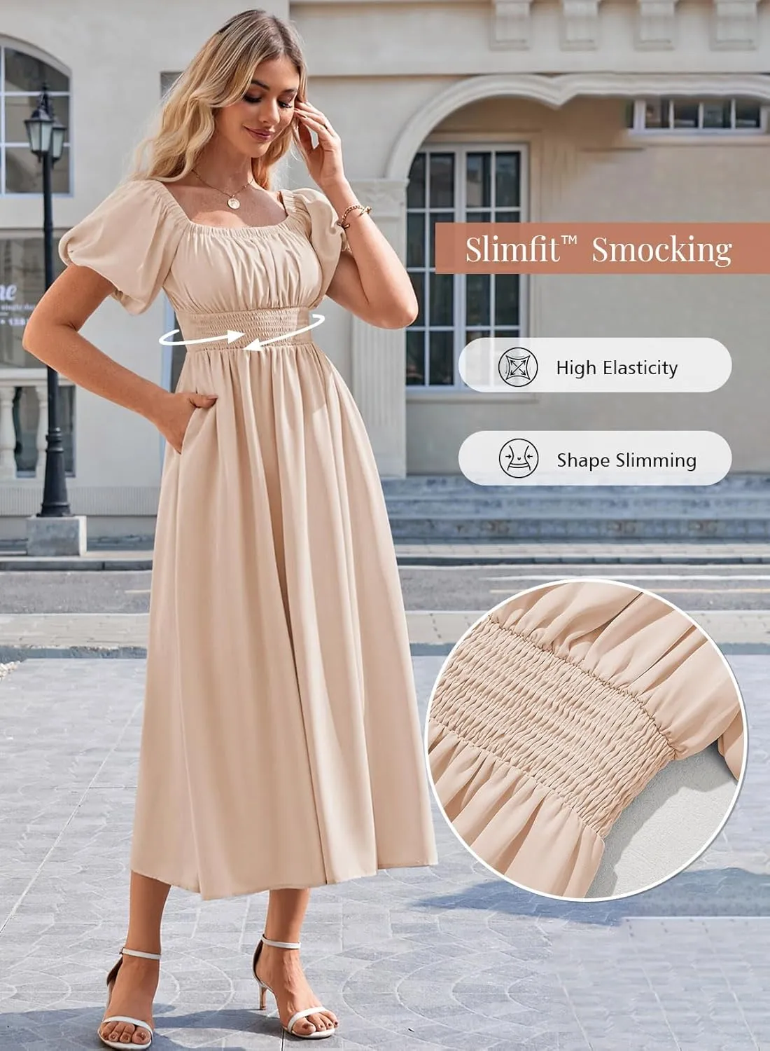 Duigluw Women's Casual Summer Midi Dresses 2025 Puffy Short Sleeve U Neck Boho Floral Flowy Maxi Dress