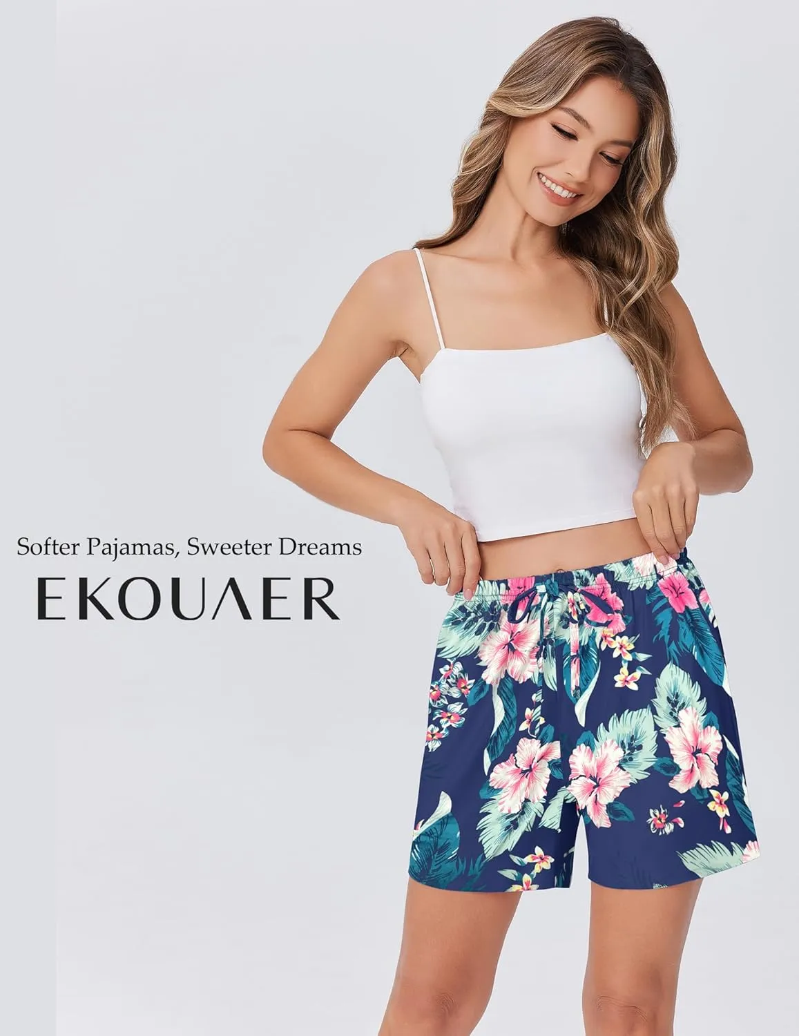 Ekouaer Pajama Shorts for Women Soft Comfy Lounge Shorts Drawstring Pj Shorts Short Pajama Bottoms with Pockets S-XXL