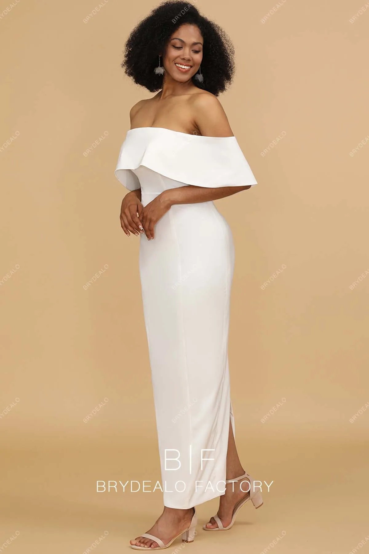 Elegant White Off-Shoulder Matte Column Ankle Length Dress