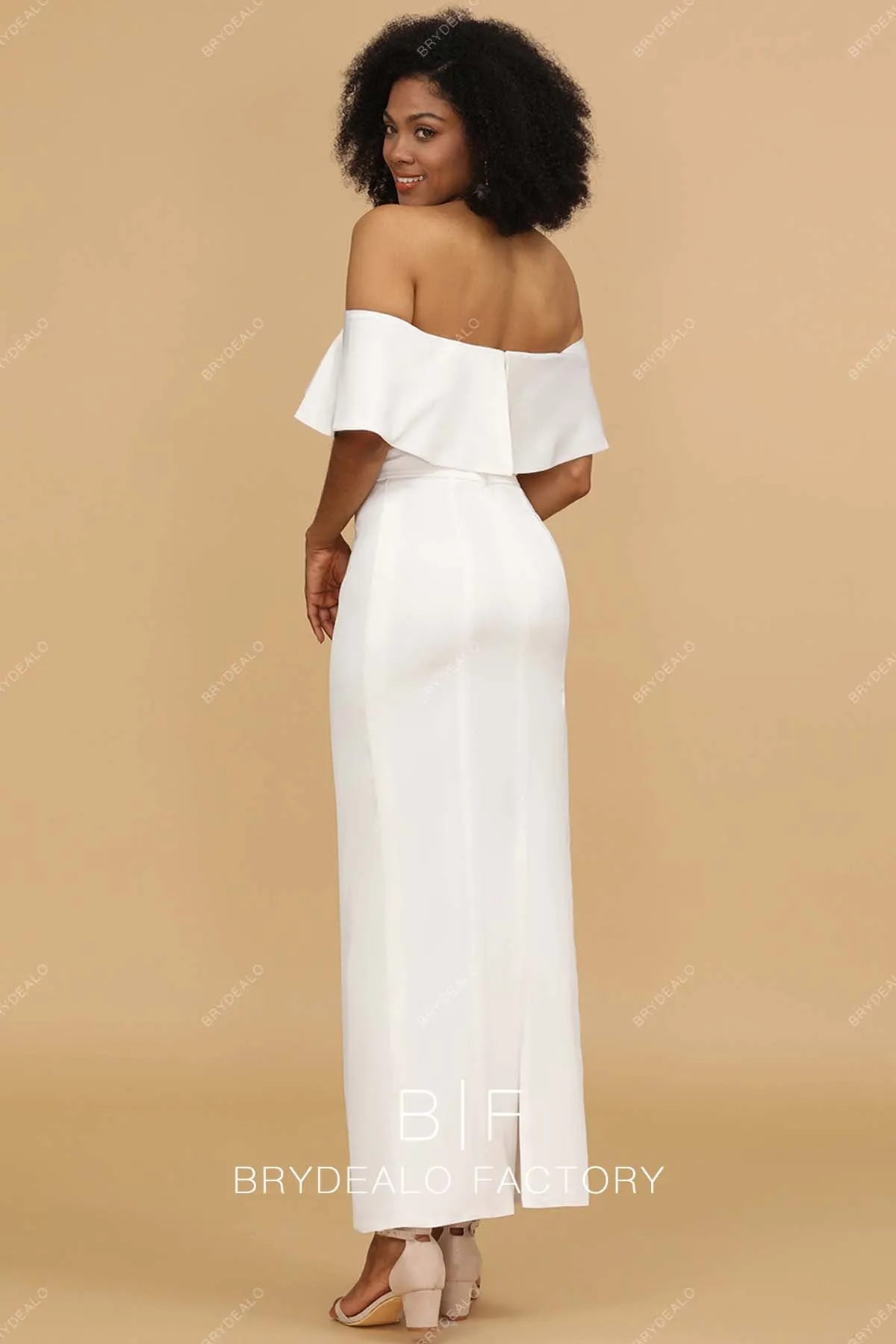 Elegant White Off-Shoulder Matte Column Ankle Length Dress