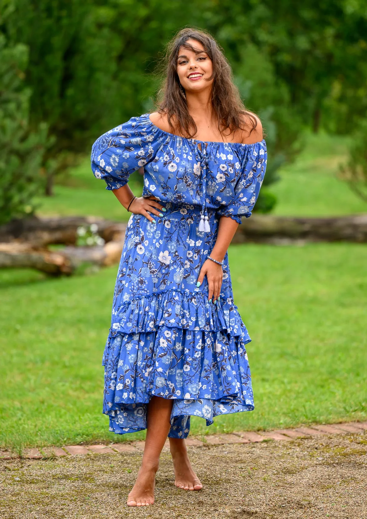 Flaminga Mix White Flowers Blue Dress